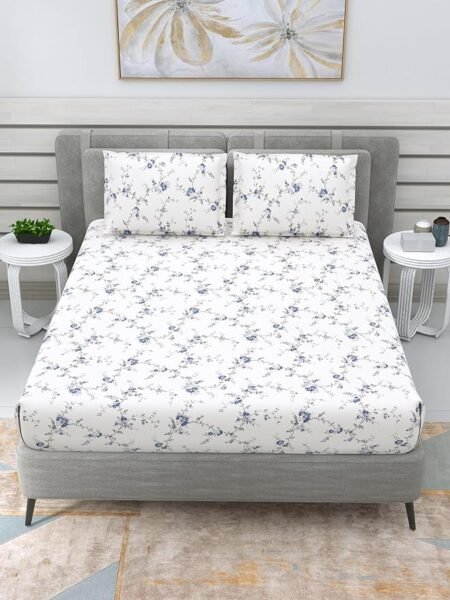 Cotton Single Bed Sheet 300 TC with 1 Flange Pillow Cover Set Blue Flower Garden