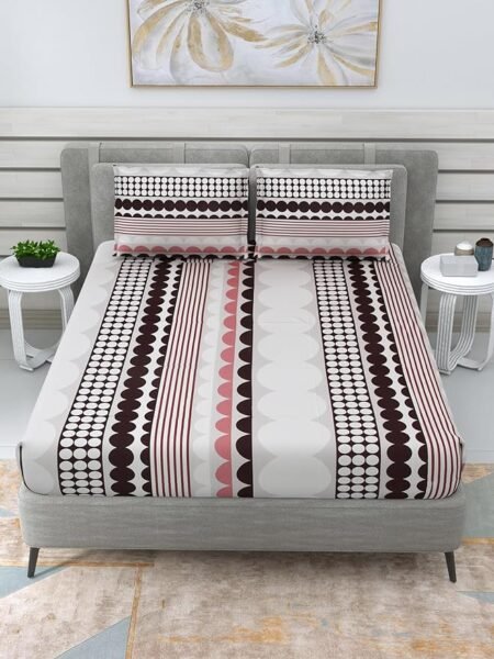 Cotton Double Bed Sheet 300 TC with 2 Flange Pillow Cover Set (90 x 100 Inches, Pink Circle)