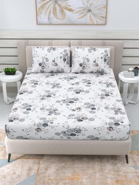 Cotton Single Bed Sheet 300 TC with 1 Flange Pillow Cover Set Daisy Grey