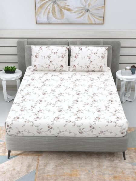 Cotton Double Bed Sheet 300 TC with 2 Flange Pillow Cover Set Maroon Flower Garden